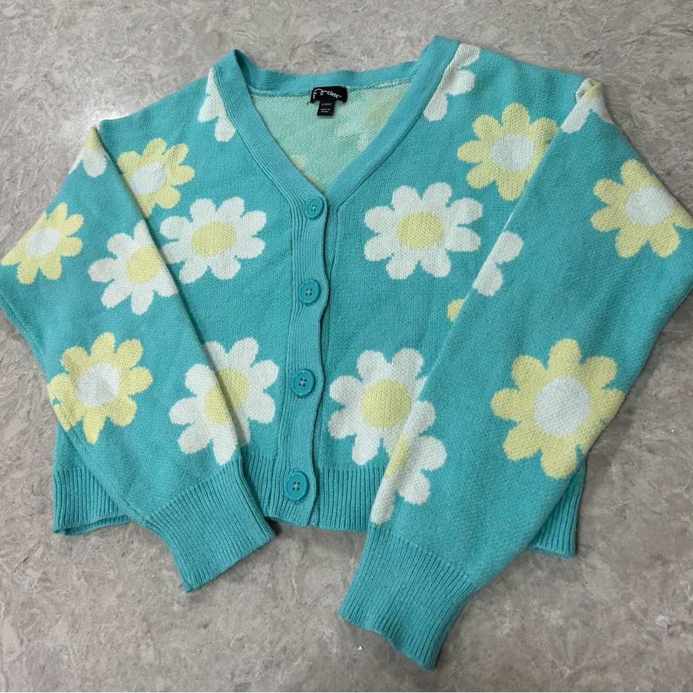 3/$20 Boho Flower Aqua Sweater Cardigan Girls size L (10/12) Art Class